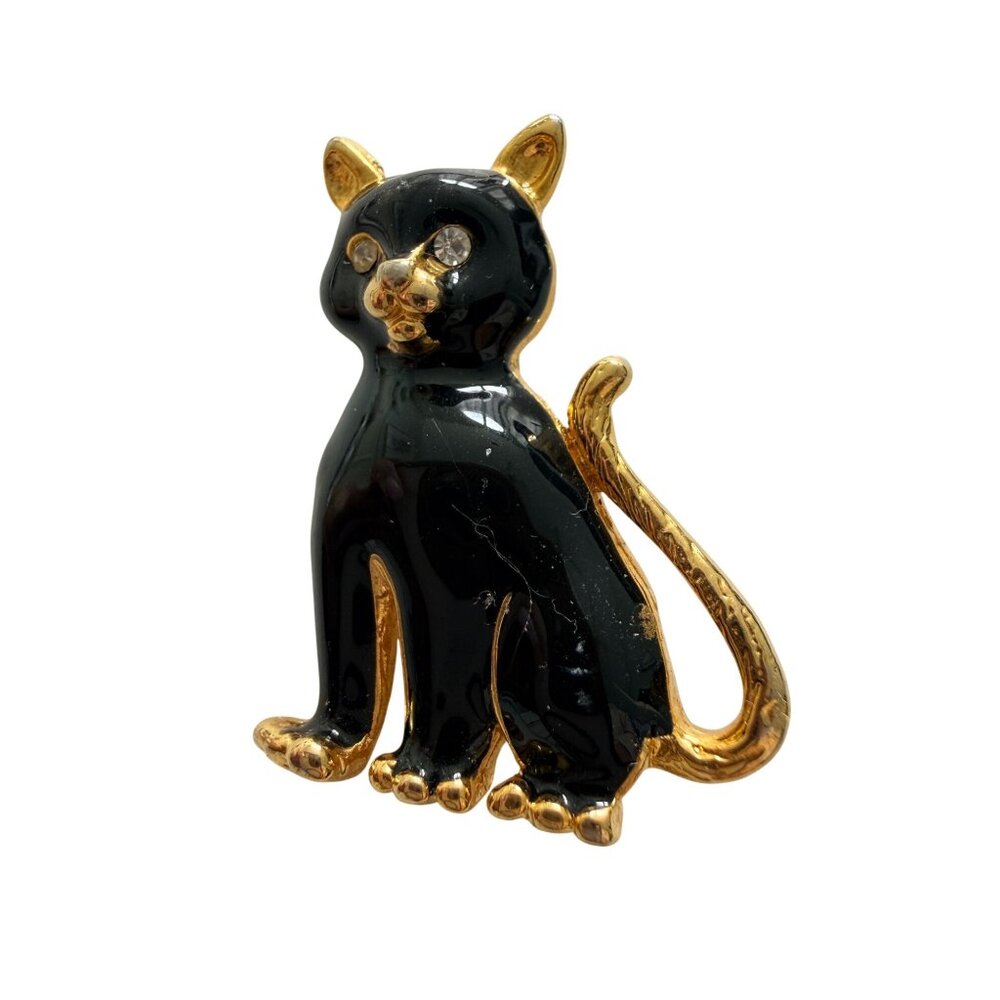Black Enamel Vintage Style Cat Brooch Gold Tone Rhinestone Eyes Retro Minimalist